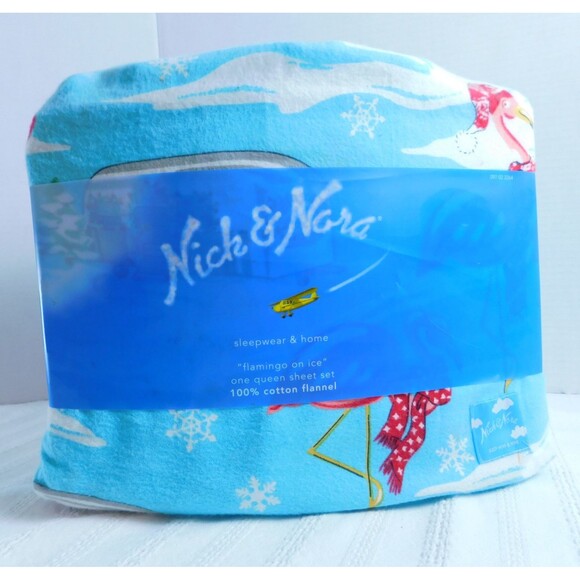 NEW NICK & NORA Flamingo on Ice Airstream Flannel FULL Bed Sheet Pillowcase Set - Picture 1 of 11